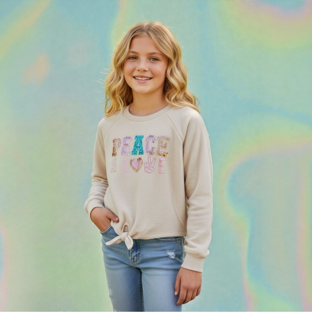 Love Glam Girl Beige Peace & Love Knotted Long Sleeve Top boho-chic sparkle